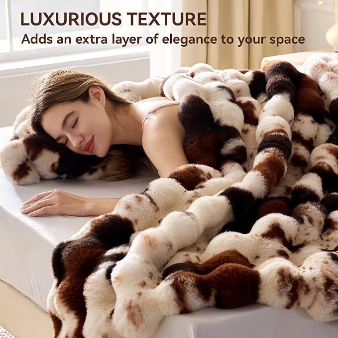 Anysay Faux Fur Throw Blanket, 1000GSM Fluffy Soft Bubble Blanket 60''*80'' | Cozy Plush Warm and Thick Blanket for Couch Bed, Fuzzy Rabbit Throw for Living Room Bedroom Cow Brown