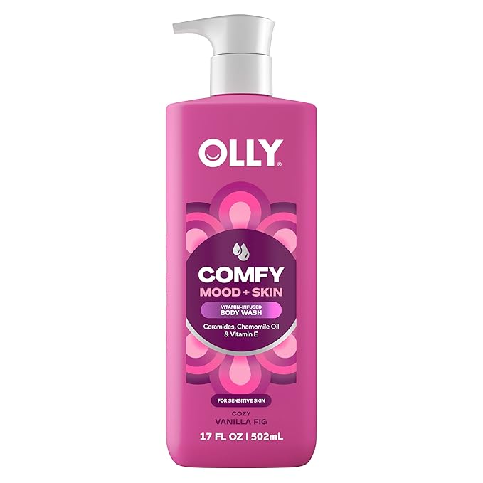 OLLY Body Wash Comfy Mood + Skin with ceramides, chamomile oil & vitamin E to Hydrate & Nourish Skin, Cozy Vanilla & Fig Scent 17 Fl Oz