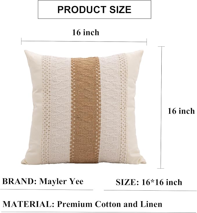 Throw Pillow Covers 16 x 16 Inch 1PC for Farmhouse Living Room, Cotton & Burlap Textured Striped Woven Boho Pillow Covers (Beige & Brown, Single Striped)