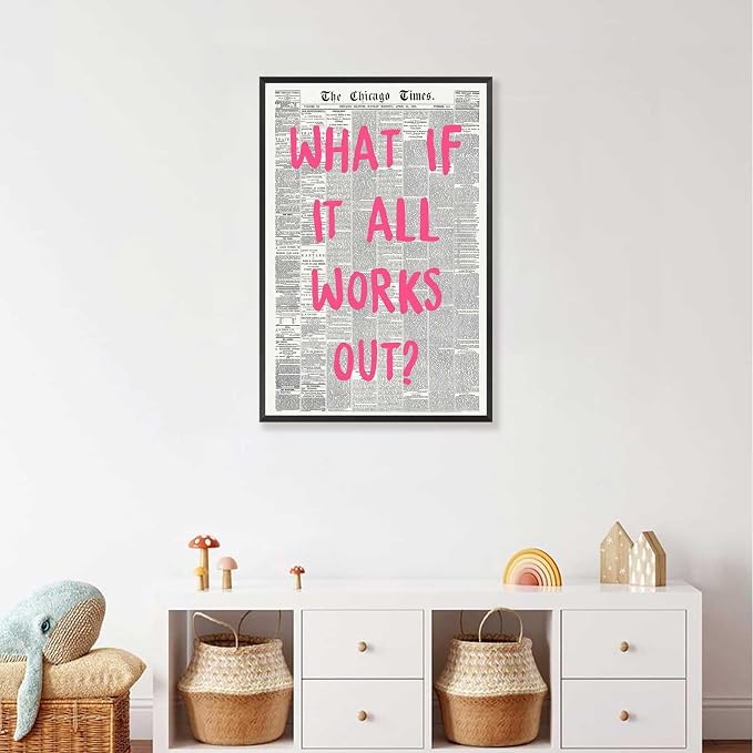 What If It All Works Out Poster Retro Newspaper Pink Font Canvas Wall Art Positive Affirming Quote Minimalist Prints Painting For Home Bedroom Dorm Wall Decor 16x24in Framed