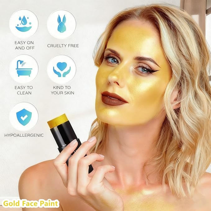 Go Ho Metallic Gold Face Body Paint Stick,Washable Gold Face Paint,Non-toxic Cream Body Paint for Halloween Costumes Cosplay SFX Makeup