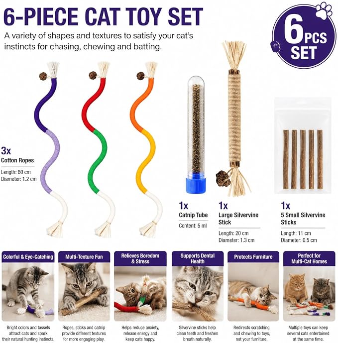 LOS ANDES Cat Silvervine Sticks & Chew Rope Toys Set with Catnip, Stress Relief Cat Toy, Interactive Teeth Cleaning Toys for Indoor Cats & Kittens