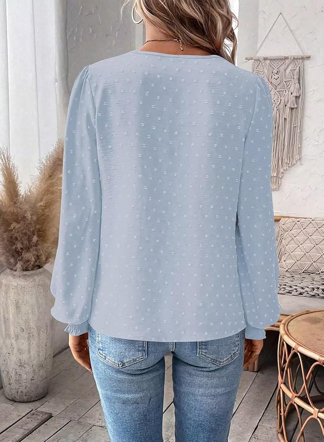 Womens Tops Swiss Dot Boho Long Sleeve Shirts V Neck Casual Chiffon Blouses Flowy Lace Hem Cute Clothing Trendy 2026