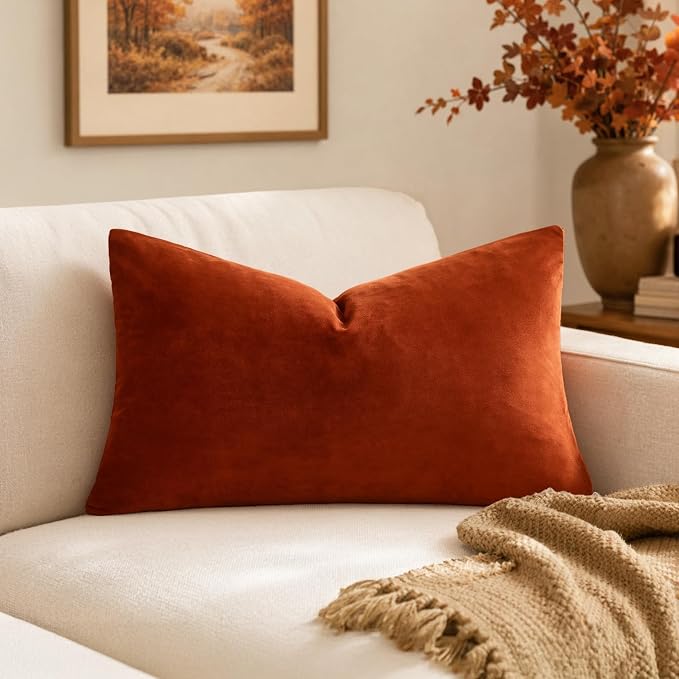MIULEE 12x20 Inch Lumbar Fall Velvet Pillow Cover Set of 1 Burnt Orange | Soft Luxury Decorative Throw Pillow Cover, Single Rectangle Cushion Case, Home Decor for Chair Couch Sofa Bedroom Car Bed