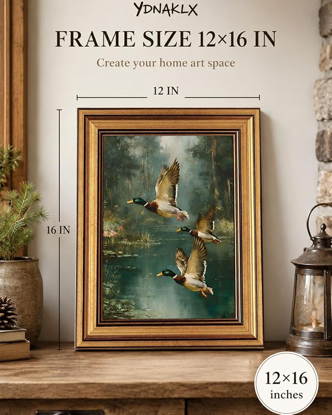 Gold Framed Wall Art, Vintage Mallard Duck Canvas Prints, Flying Ducks Rustic Cabin Lake Picture Wall Decor, Farmhouse Wildlife Nature Artwork for Living Room Hunting Lodge, Man Cave 12x16 inch