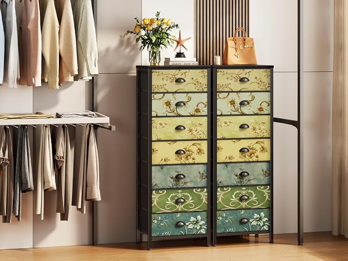 7 Drawer Tall Dresser for Bedroom, Vintage Fabric Chest of Drawers | Tall Nightstand for Dorm, Vertical Storage Tower Organizer, Fabric Drawer Units, Retro Skinny Dresser for Closet, Entryway