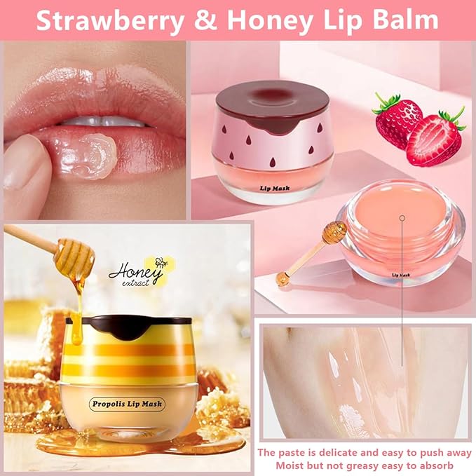 Honey Lip Balm, Strawbemy Apple Watermelon Cherries, Coconuts, Peaches, Grapes, Mint Lip Mask, Moisturizing Lip Sleeping Mask, Hydrate Repair Prevent Dry Cracked Lip (4 Flavors)