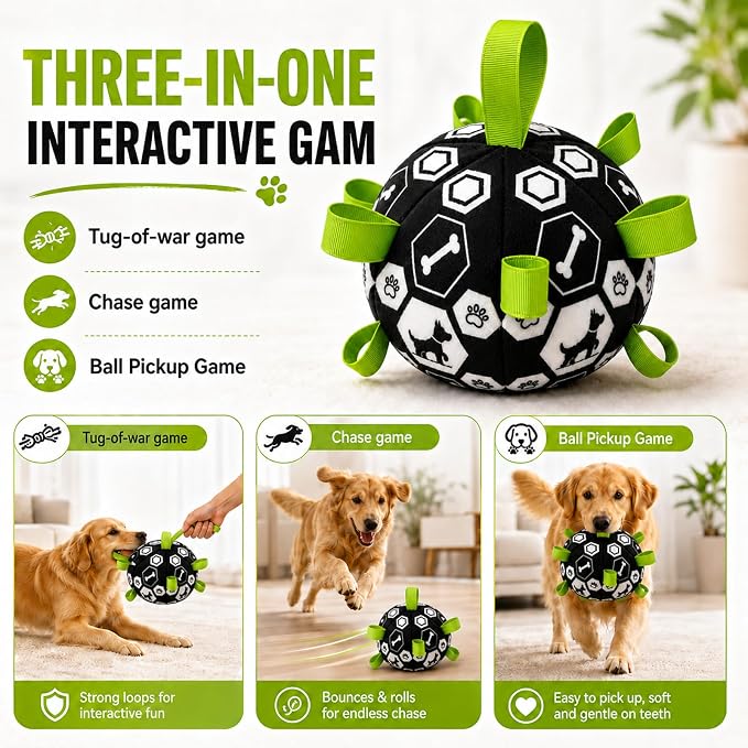 Dog Toys Dog Balls, Dog Soccer Ball Toy with Strap & Built-in Bell