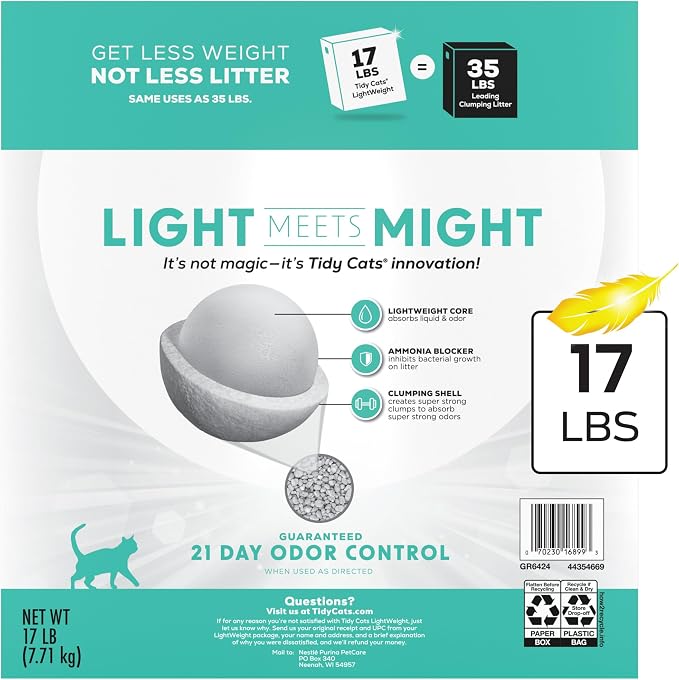 Purina Tidy Cats Low Dust Clumping Cat Litter, LightWeight Free & Clean Unscented, Multi Cat Litter - 17 lb. Box | Unscented, charcoal-powered formula offers 21-day odor control and tight, dust-free clumping.