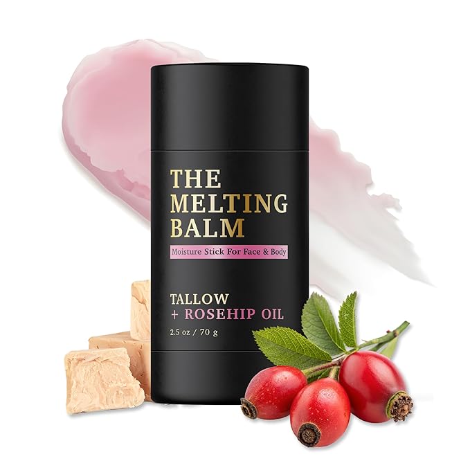 The Melting Balm - Tallow + Rosehip Oil Moisture Stick for Face & Body | 100% Grass Fed Tallow Balm | Clean Solid Moisturizer for Dry Sensitive Skin | Instant Relief & Continuous Recovery | 2.5 oz