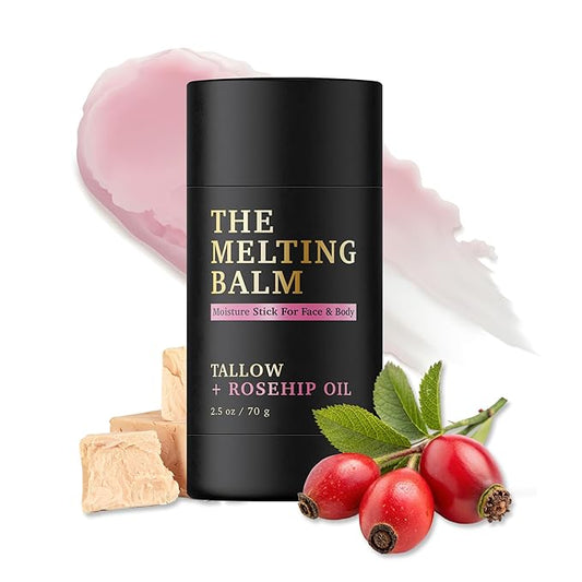 The Melting Balm - Tallow + Rosehip Oil Moisture Stick for Face & Body | 100% Grass Fed Tallow Balm | Clean Solid Moisturizer for Dry Sensitive Skin | Instant Relief & Continuous Recovery | 2.5 oz