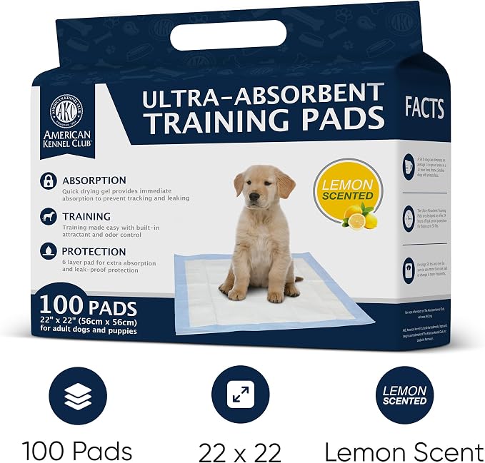 AKC Puppy Training Pads, 22" x 22", Lemon Scented, 100 Count