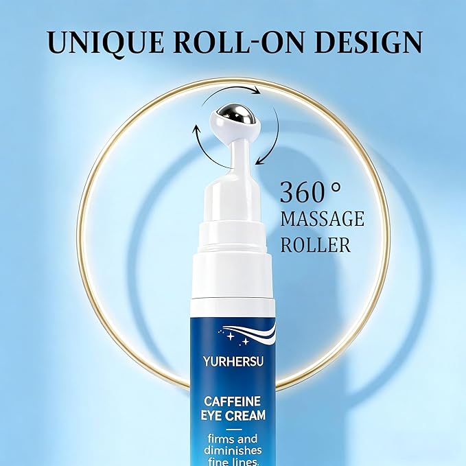 Caffeine Eye Cream with 360° Roller, Depuffing Serum with Caffeine, Collagen, Hyaluronic acid, Hydrating Under Eye Cream Firming Gel Reduce Puffiness, Dark Circle, Fine Lines & Bags, 0.5 Oz
