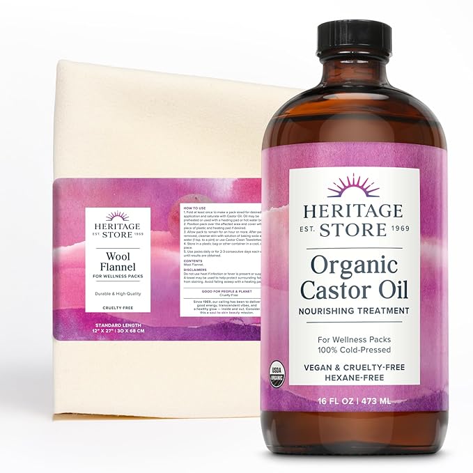 HERITAGE STORE Organic Castor Oil Pack Wrap Kit - Soothing Castor Oil Packs, Heat Compress for Abdomen, Joints, Overall Health - 16oz Cold Pressed Organic Castor Oil and 12 x 27 in. Wool Flannel Cloth