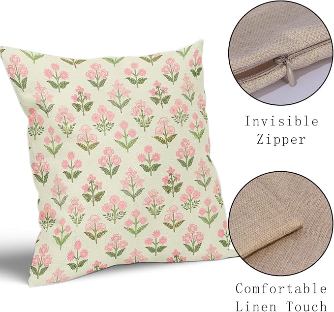 Pink Green Floral Pillow Covers 24x24 Inch Set of 2, Vintage Flower Block Print Decorative Throw Pillowcases Outdoor Farmhouse Cushion Covers Spring Summer Rustic Decoration Sofa Couch Bed Decor