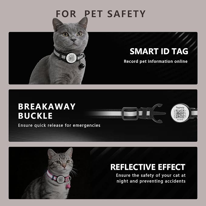 2 Pack QR Code Cat Collar for Lost Cat Recovery, Breakaway Reflective Collar with Bell & Instant Online ID, Adjustable 7.5-12.5 Inch for Peace of Mind (Black & Rose Red)