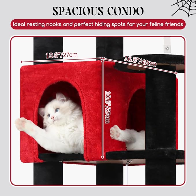 Globlazer Extra Large Platform Gothic Cat Tree, 65in Tall Sturdy Goth Cat Tower for Multiple Indoor Cats, Big Cat Tree for Large Cat with 3 Enlarged Perches, 6 Scratching Posts, Condo, S65, Red Black