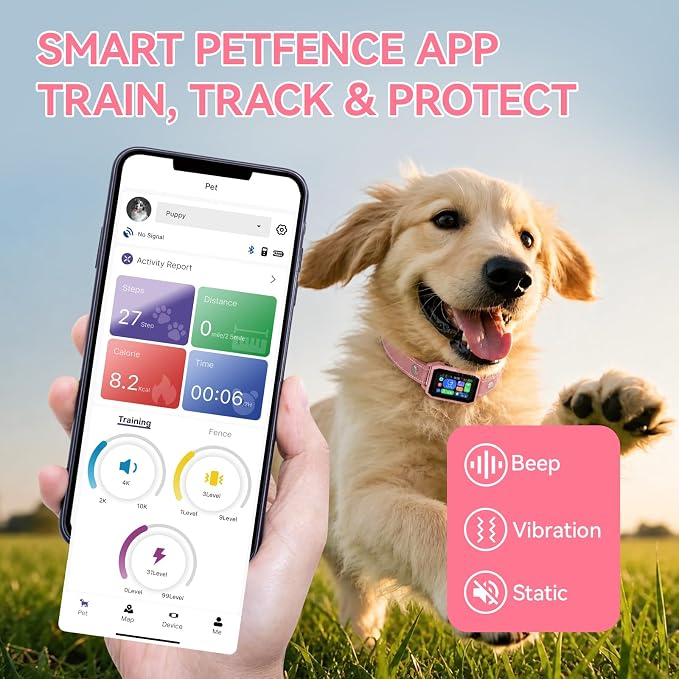 GPS Wireless Dog Fence, 2-1 Smart GPS Wireless Dog Fence with Free APP | No Subscription Fees, IP67 Waterproof, Pet Containment System with 3 Training Mode Beep/Vibration/Static, for Dogs 10–120 lbs