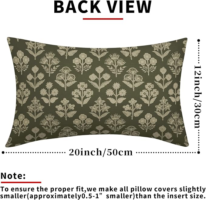 Olive Green Pillow Covers 12x20 Inch Set of 2, Cream Floral Block Print Pattern Lumbar Decorative Throw Pillowcases Outdoor Farmhouse Rectangle Cushion Covers Spring Summer Sofa Couch Bed Decor