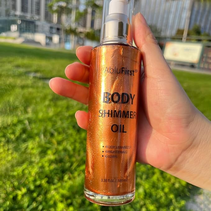 Shimmer Body Oil 100ml Face Glitter Summer Body Moisturizing Light Shimmering Glow Non-Sticky Party Luminizer and Illuminator Smooth (3.38 Fl Oz Pack of 1, Bronze Gold)