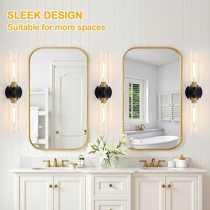 Indoi Black and Gold Wall Sconce, Hardwired Bathroom Sconces Wall Lighting with Clear Glass, Modern Sconces Wall Light fixtures for Bathroom Mirror Living Room Hallway Bedroom