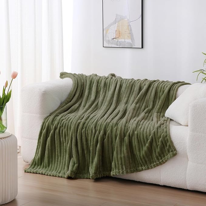 Olive Green Fleece Throw Blanket 60”×80” for Couch Sofa Livingroom | Super Soft Cozy Plush Microfiber Flannel Bed Blanket Striped Design Lightweight Home Decor Gifts for Adults Mom Women