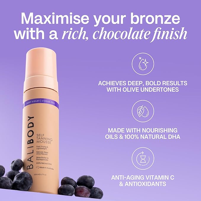 Bali Body Deep VioletSelf-Tanning Mousse + Mitt Bundle | Natural Looking Perfect Bronzed Shade | Streak-Free Green Based Tinted Self-Tanner + Reusable Stain-Free Tan Applicator | Vegan, Cruelty Free