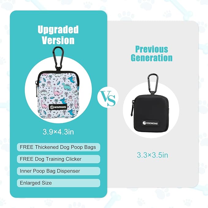 Dog Treat Pouch with Training Clicker,Waterproof Nylon Fabric Poop Bag Holders for Leashes,Hands Free Small Dog Walking Bag with Carabiner, Pet Puppy Training Walking Essentials (Dinosaur)