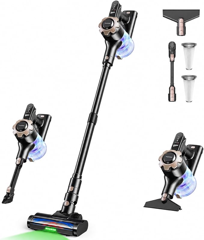 Trucozie Cordless Vacuum Cleaner, 8-in-1 Lightweight Stick Vacuum with 45mins Runtime, Powerful Suction, Green Light & Self-Standing Vacuum Cleaners for Home, Hardwood Floors, Carpet, Pet Hair, Black