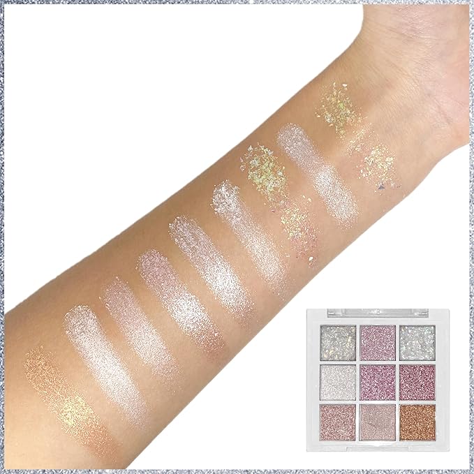 9 Colors Glitter Shimmer Eyeshadow Makeup Palette, Korean Natural Neutral Eye shadow Palettes Highly Pigmented Long Lasting Waterproof Blendable sombras para ojos Pink White Golden Brown