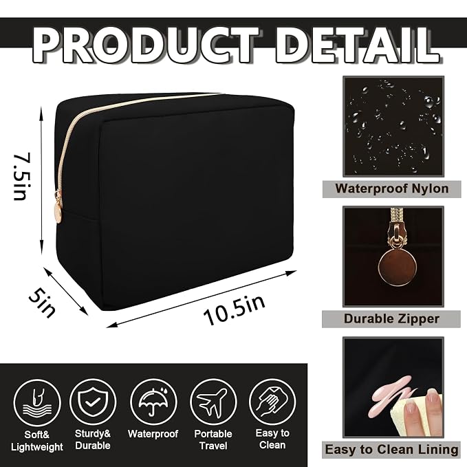 UIXIZQ Waterproof Large Makeup Pouch,Nylon Women Travel Toiletry Storage Preppy Cosmetic Bag for Girls,Big Makeup Organizer Bag Cute Zipper Pouch for Sport Work Gift(Large-Black)