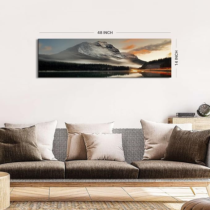 Sunset Mountain Landscape Canvas Wall Art for Living Room Wall Decor 14x48" Black and White Nature Forest River Scenery Picture Prints Paintings Artwork for Bedroom Bathroom Office Home Decoration