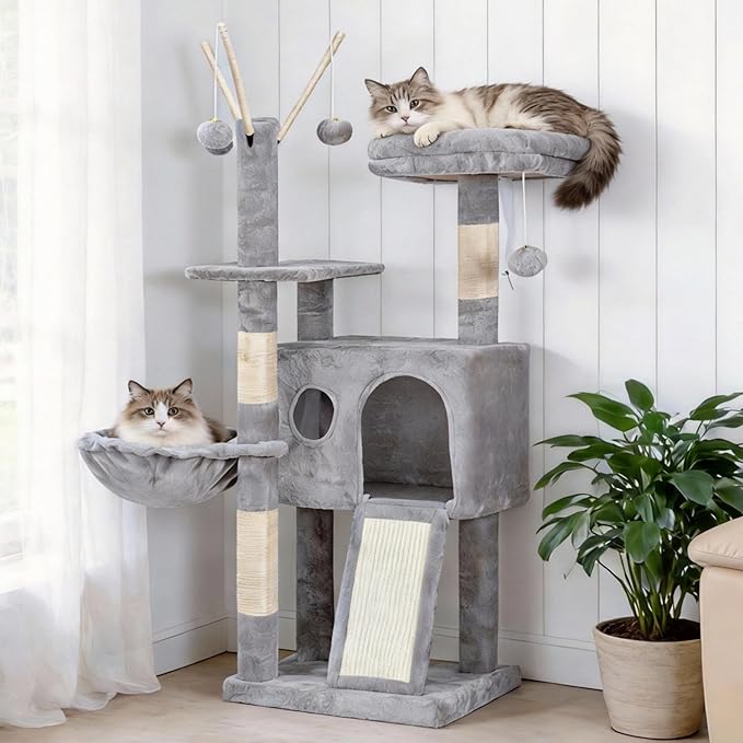 Hey-brother Cat Tree Tower with Removable Toys, Scratching Posts, MPJ008SW | 41.3 Inches Plush Cozy Condo with Platform, Hammock, Sisal Scratch Board and Ball for Indoor Cats, Light Gray