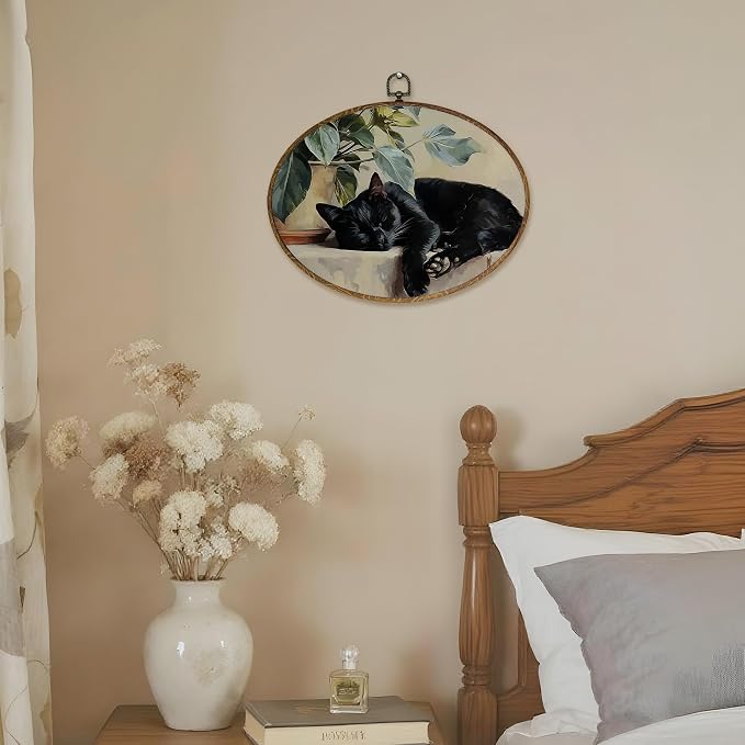 LKETW Vintage Black Cat Sleeping Oval Wall Art Decor, Black Cat Gifts for Women Oval Canvas Hanging Decor, Cottagecore Farmhouse Kitty Wall Decorations for Home Bedroom Living Room, 8.6x11.4 Inch