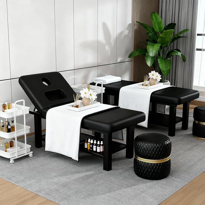 Stationary Massage Table with Storage Space & Backrest, Alloy Steel Frame Massage Bed PU Leather with Open-Chest, Adjustable Spa Facial Bed for Treatment Physical Therapy Table & Salon Equipment