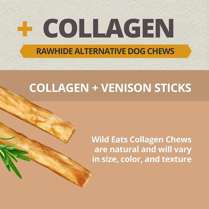 Wild Eats Venison Collagen Sticks for Dogs 25 Pack, Bully Stick Alternative | Rawhide and grain free no hide chew treats, 0.6 cm chew width, high protein, long lasting, satisfies natural gnawing urges
