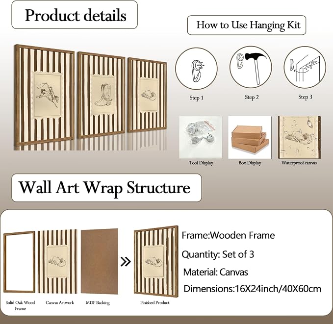 Western Cowboy Wall Art Set of 3, Vintage Cowboy Boots Hat Wall Decor Painting Southwestern Rodeo Canvas Prints Picture for Living Room Bedroom Farmhouse 16x24 Inch Wood Framed