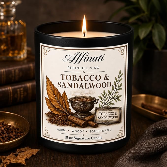 Affinati Tobacco & Sandalwood 10 oz Scented Candle – Long Lasting Luxury Soy Blend Candle for Home, Strong Scent Throw Rich Earthy Wood Masculine Candle, Premium Room Odor Eliminator Gift