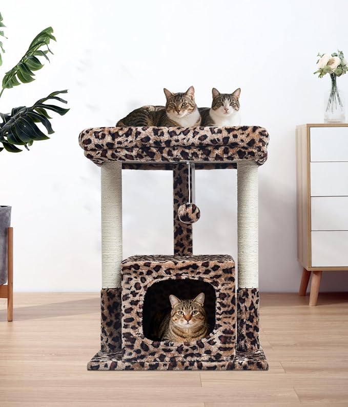 SYANDLVY 27" Cat Tree for Indoor Cats, Activity Tower with Scratching Posts | Modern Kitten Condo with Plush Perch & Hanging Ball for Play, Leopard Print