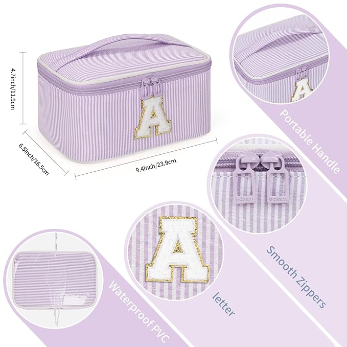 OCHEAL Makeup Bag Valentines Day Gifts for Women, Monogram Cosmetic Bag Purple Travel Makeup Case Beauty Toiletry Bag Organizer Personalized Gifts for Girls Bridesmaid, Sister, Wife, Friends Initial A
