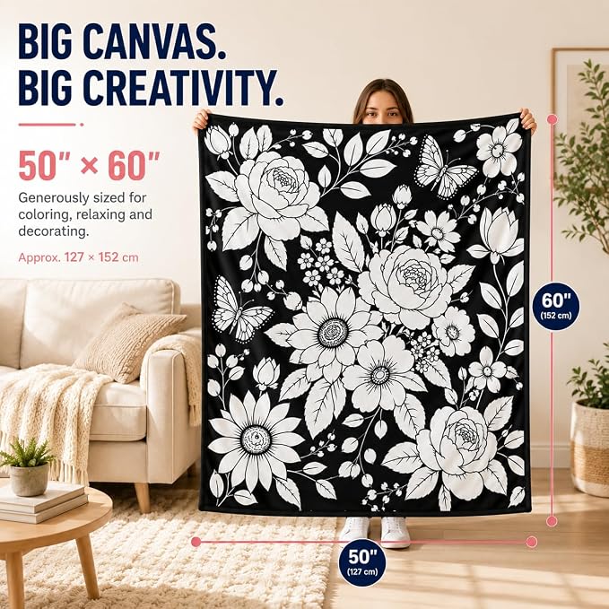 VEELU DIY Coloring Blankets with 24 Colors Markers for Adults | Custom Color In Your Own Blankets With 24 Colors Markers, Snuggle Color Sketch Washable Blankets Kit Home Decor