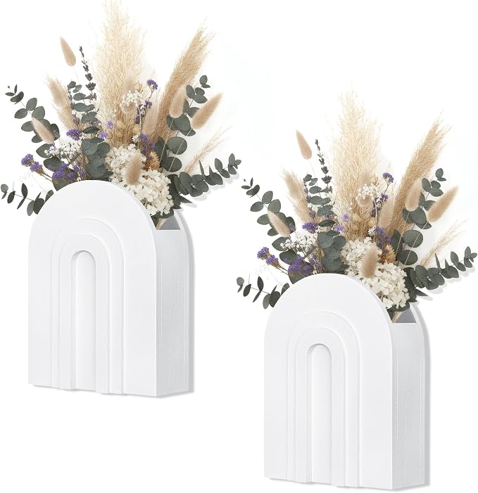 2 Pack White Wooden Wall Vase for Pampas Grass and Dried Flowers | Wall vases for faux flowers and greenery; boho bathroom wall decor for hallway, entryway, bedroom or living room