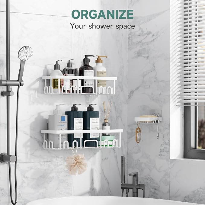 Veken Shower Caddy 3-Pack, Advanced Rustproof Design, No Drilling Adhesive Shelves, Rack with Soap Holder, Large Capacity Bathroom Organizers and Storage, Wall-Mounted Kitchen & Home Decor, White