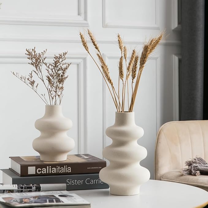 Ceramic Vase Set of 2 - Off White Boho Round Vases, Modern Pampas Vases, Dried Flower Vase Home Decor for Centerpieces Wedding Dinner Table Party Living Room Office Bedroom