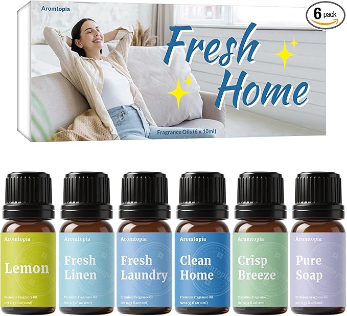 Diffuser Fragrance Oils, Aromtopia Essential Oils for Diffusers for Home, 6x10ml Fresh Home Set, Clean Scents for Candle Soap Making, Dryer Ball, Fresh Linen, Crisp Breeze, Fresh Laundry, Lemon