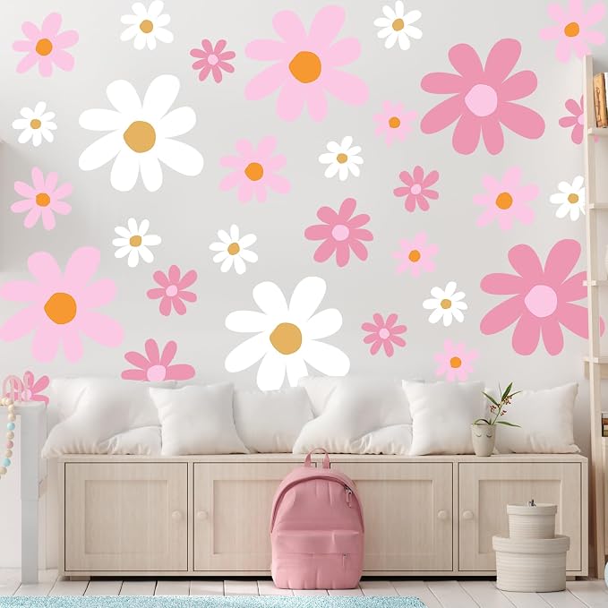 TaoBary 12 Sheet Daisy Wall Sticker Decal,Pink Color,Vibrant Style | Big Flower Wall Sticker, Pink White Floral Decal, Daisy Bedroom Room Decor, Removable Peel and Stick, Nursery Home Wall Decor