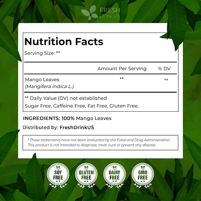 FreshDrinkUS, 8 oz Premium Dried Mango Leaves (Mangifera indica) – Cut & Sifted Loose Leaf for Herbal Tea – Natural Botanical Leaves for Hot & Iced Infusions – Non-GMO, No Additives, Resealable Pouch