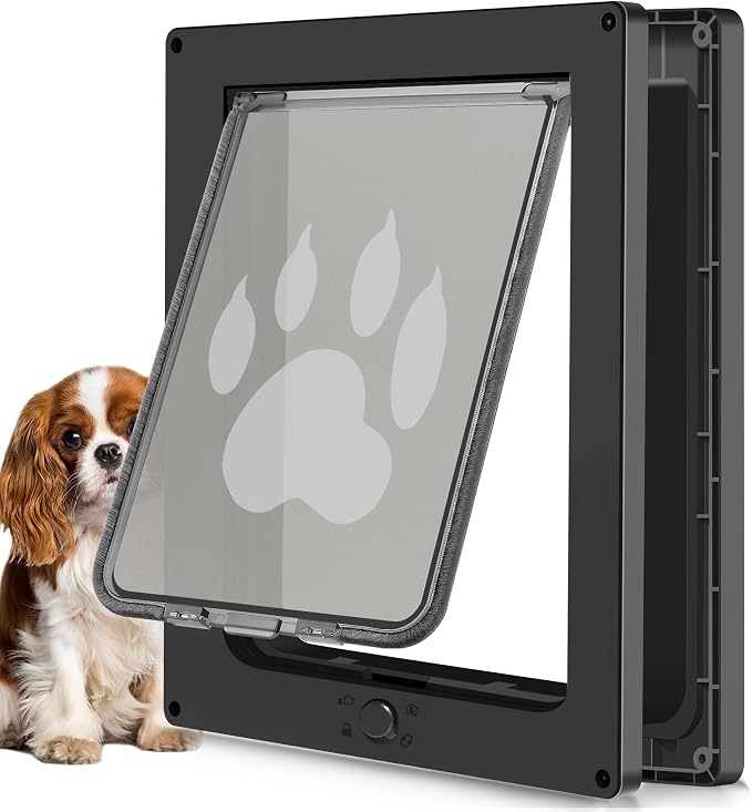 CEESC Small Dog & Cat Door, Snap-in Panel, Up to 20 lbs, Durable, Black | Flap 7.25"x10", cut-out 7.88"x11.19". Fits doors 1.25-2.06in. Weatherproof ABS, magnetic seal