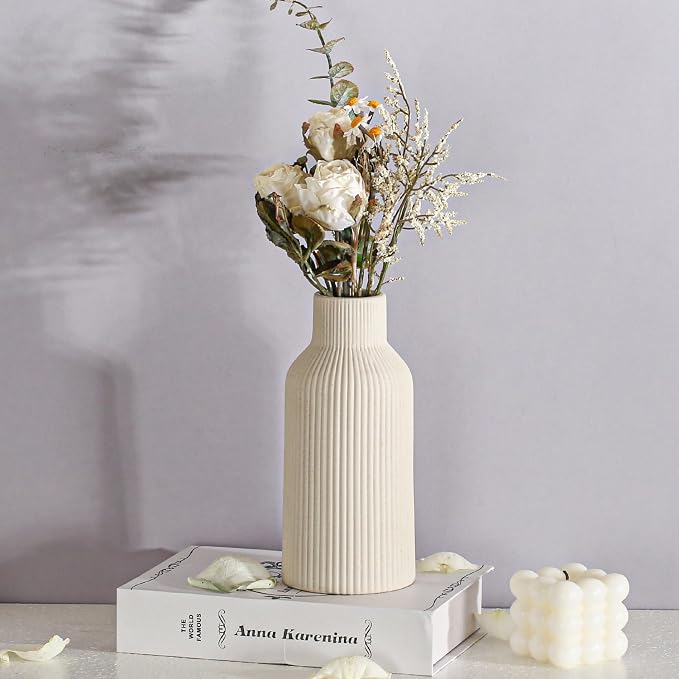 Bohemian Beige Ceramic Vase - for Pampas Grass, Mantel, Bookshelf, Entryway and Living Room Decor (Beige, 8in)