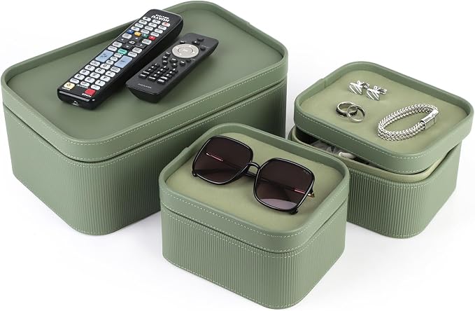 HofferRuffer Faux Leather Decorative Storage Boxes, Dust proof Storage Shelf Baskets with Lids Trays, Storage Bins Memory Box Organizer for Home, Office, Jewelry & More, Set of 3 (Green)